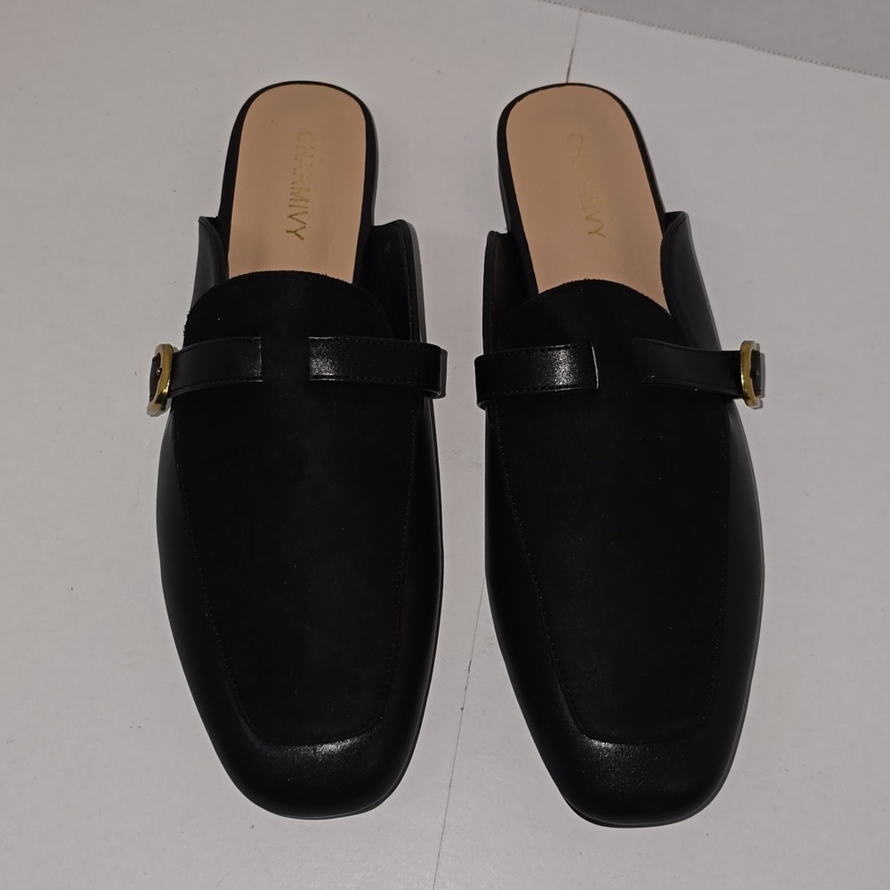 Charmivy Suede Mules Flat Square Toe Slip On Loafer Slides Shoes Buckle Size 10 - Picture 5 of 14